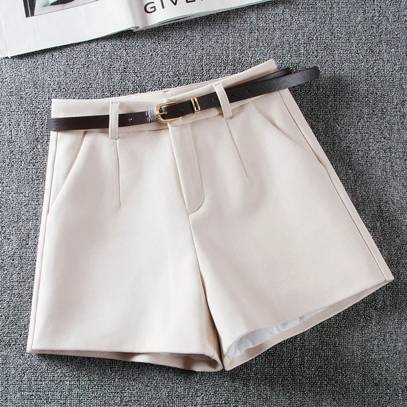 Solid Color High Waist Woolen Shorts