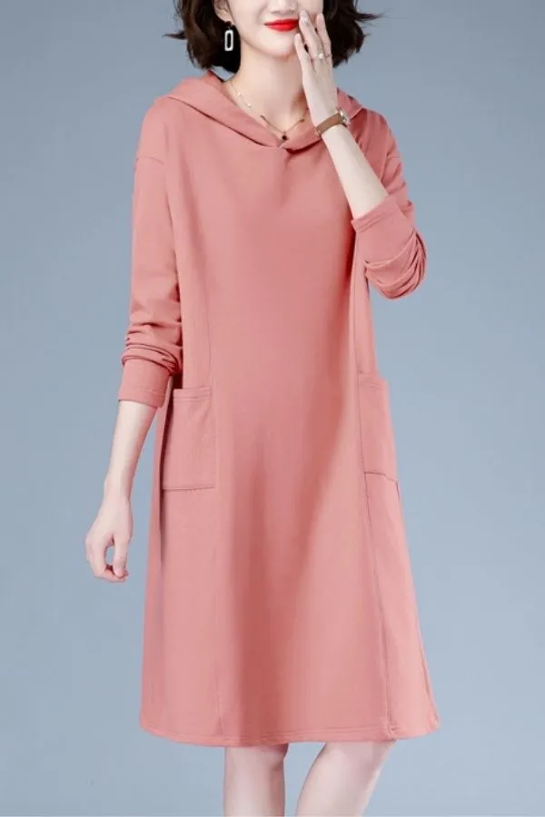 Solid Color Woolen Dress with Hood