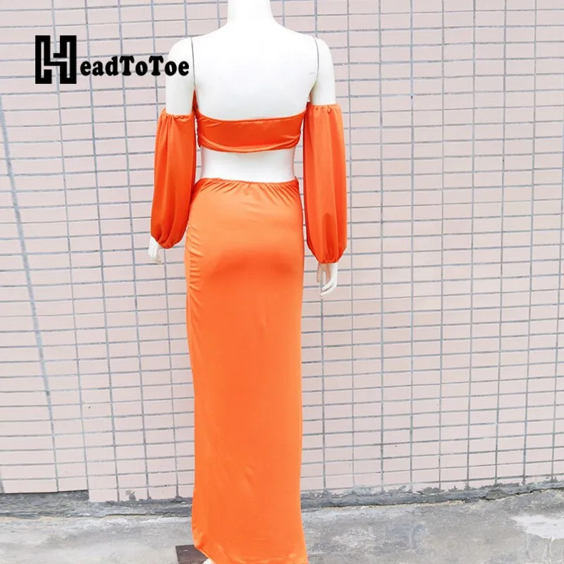 Solid Long Sleeve Strapless Hallow Out Tops & Sexy Slit Maxi Skirts Set