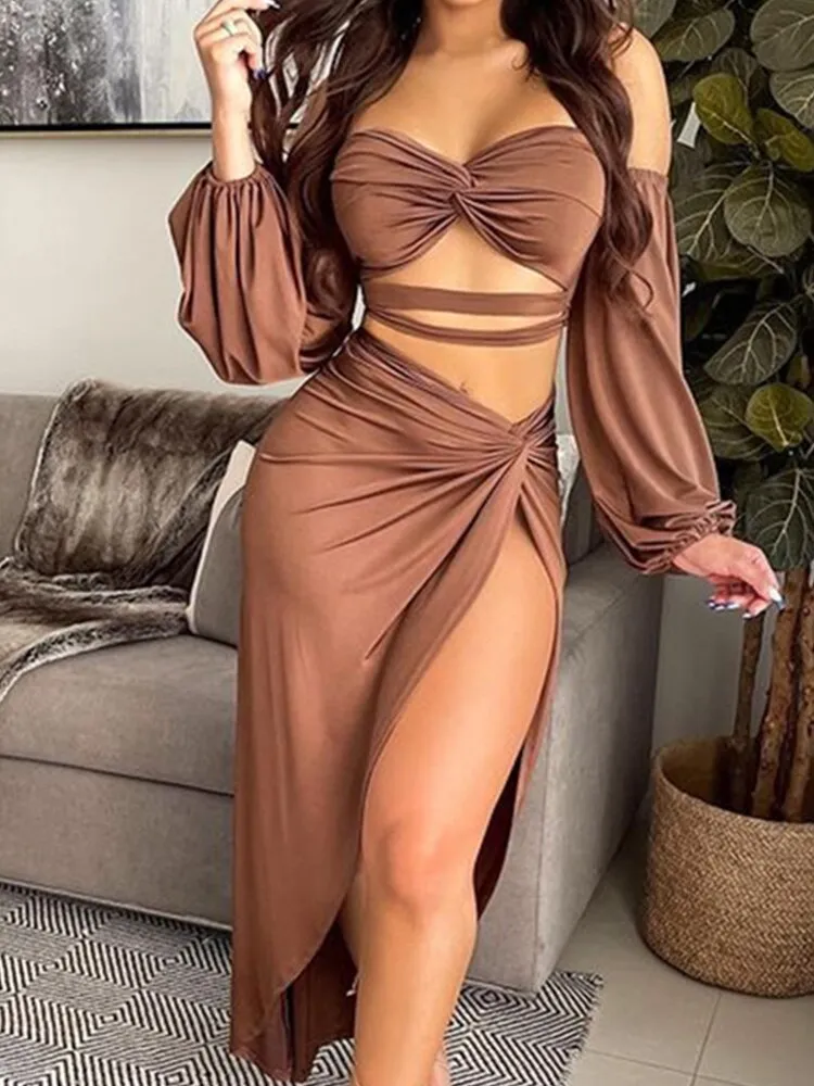 Solid Long Sleeve Strapless Hallow Out Tops & Sexy Slit Maxi Skirts Set