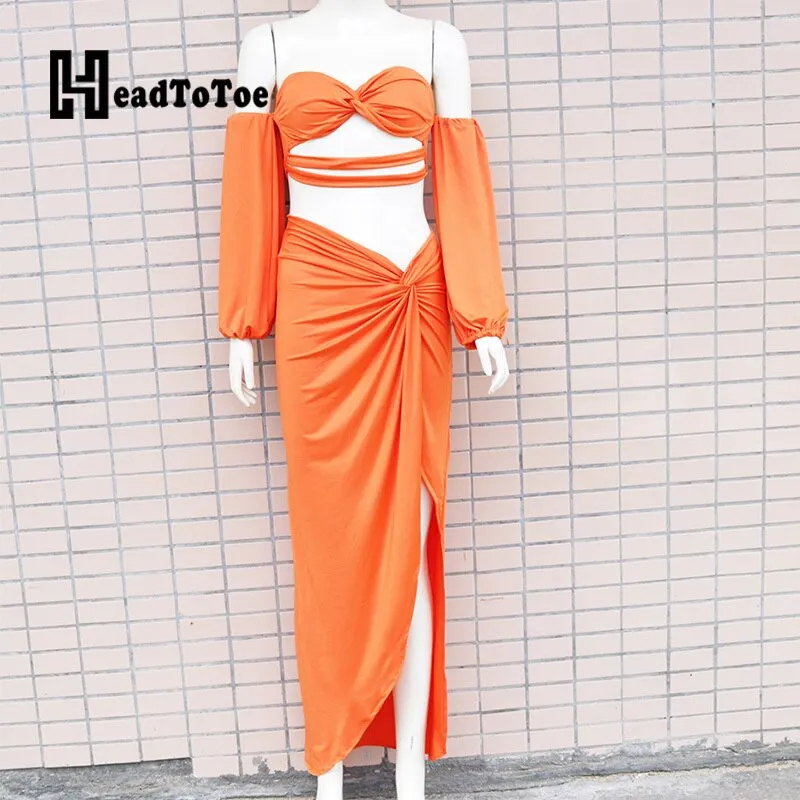 Solid Long Sleeve Strapless Hallow Out Tops & Sexy Slit Maxi Skirts Set