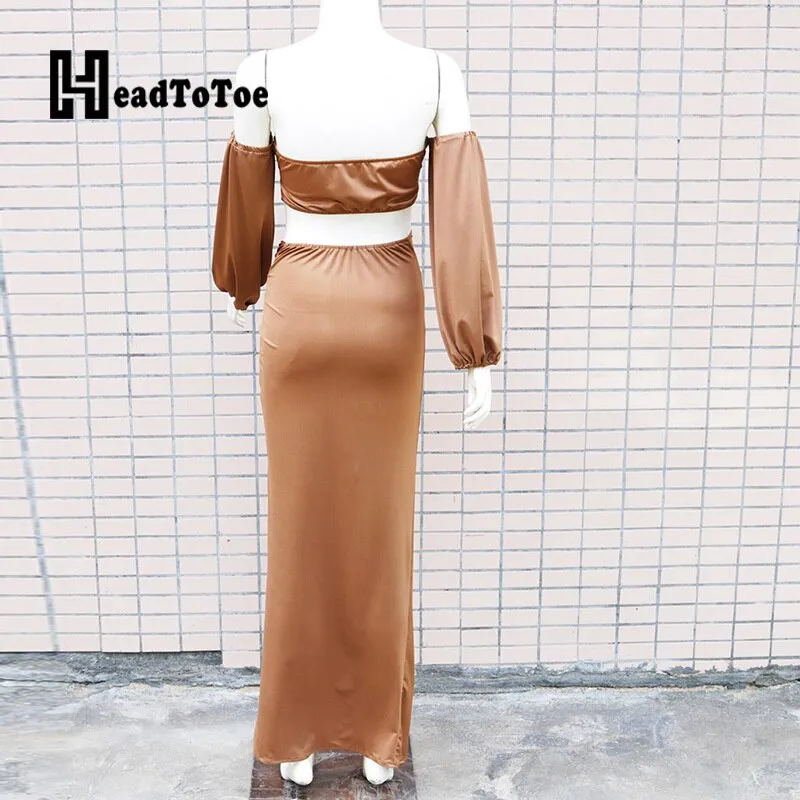 Solid Long Sleeve Strapless Hallow Out Tops & Sexy Slit Maxi Skirts Set
