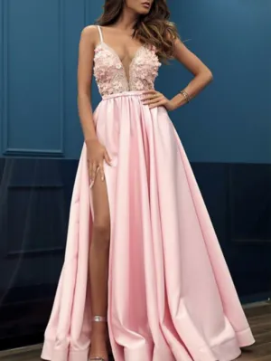 spaghetti strap pink prom dresses 2020 3d flowers a line satin elegant sexy formal dress prom gown