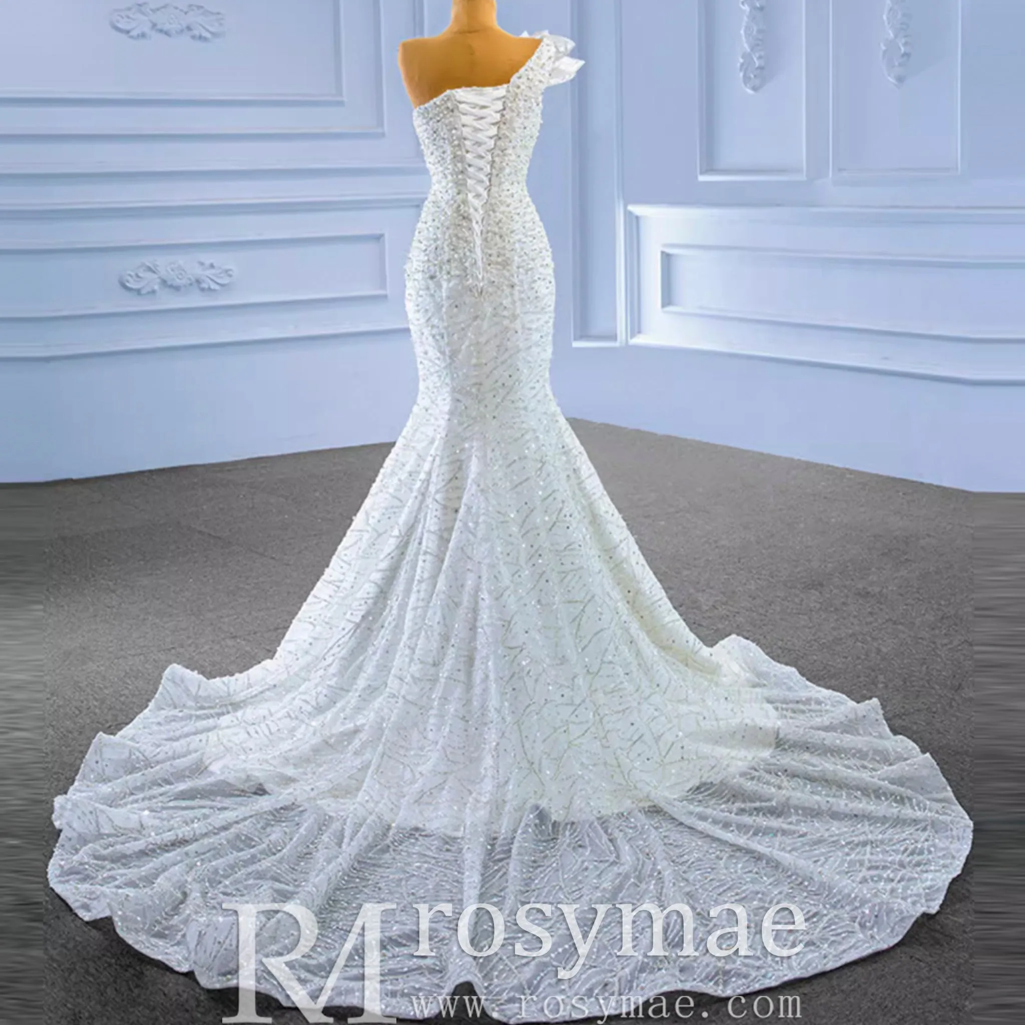 Sparkly Mermaid Sequins Beading Wedding Dress with One Shoulder