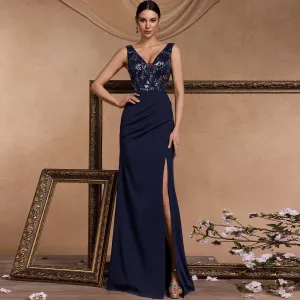 Sparkly Vneck Royal blue Prom Dress with Leg Slit