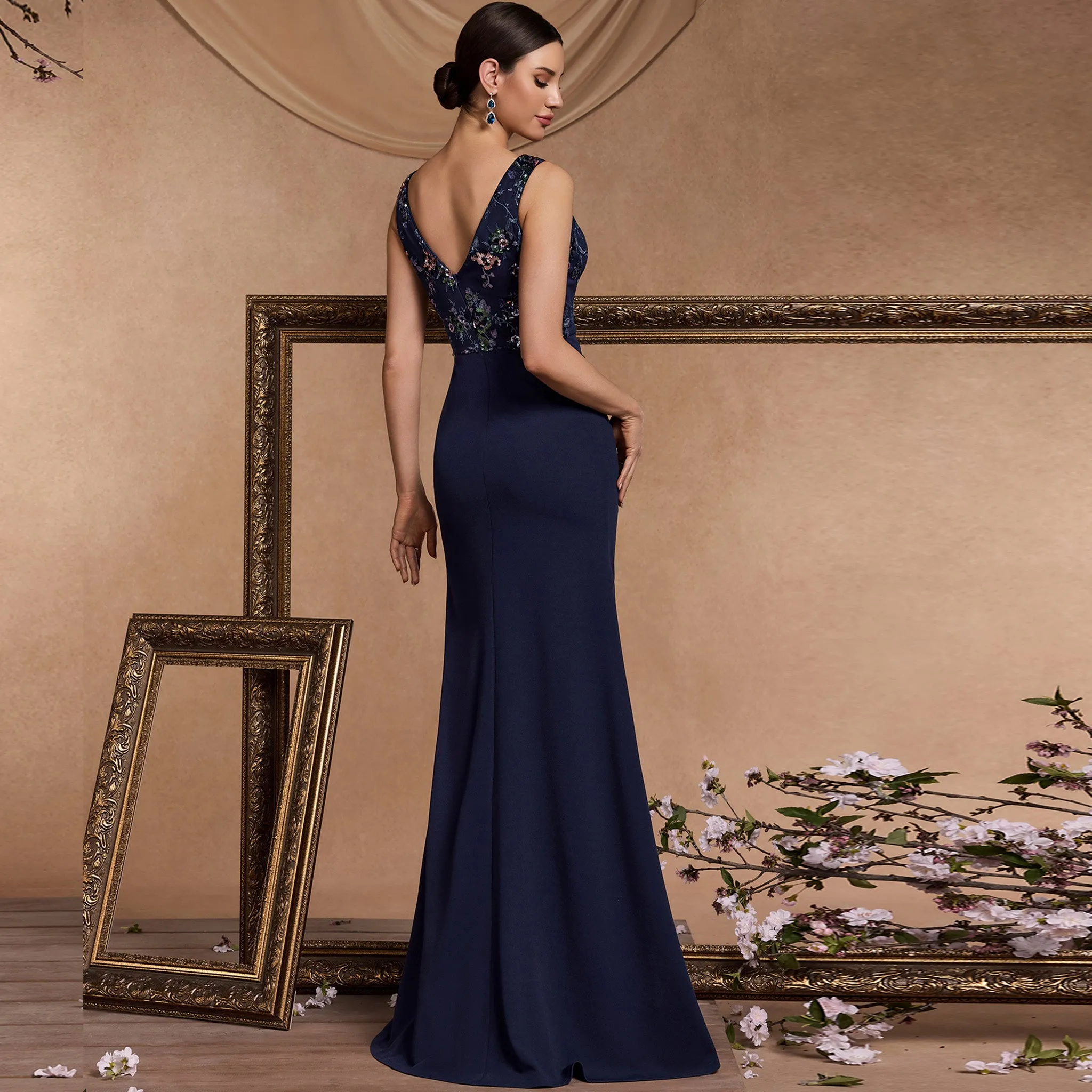Sparkly Vneck Royal blue Prom Dress with Leg Slit