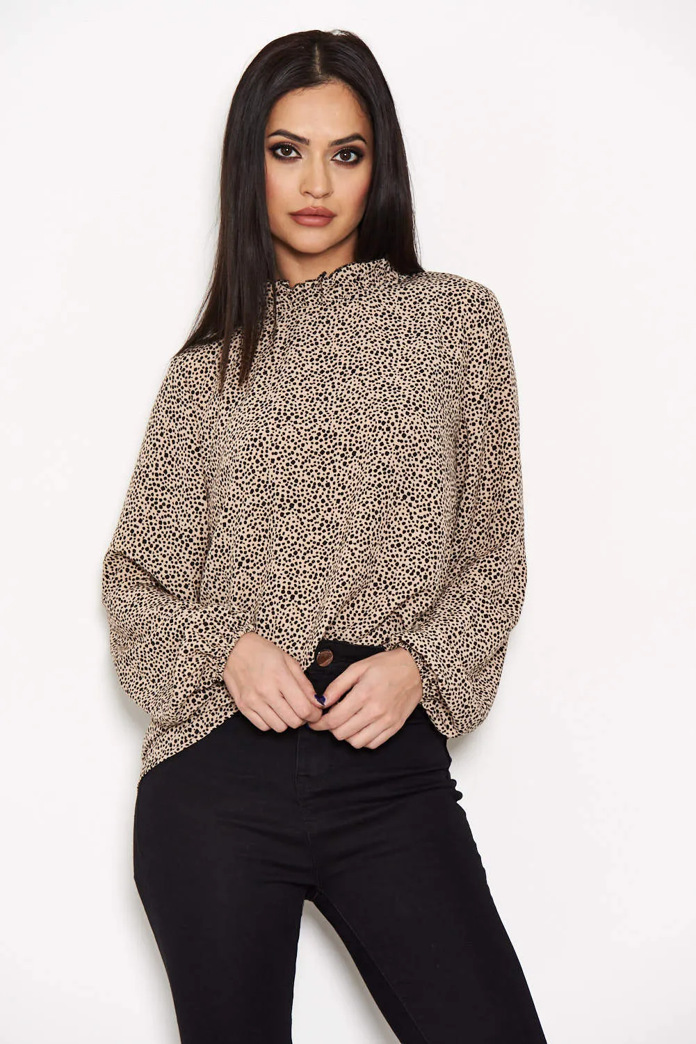 Spotty High Neck Frill Top