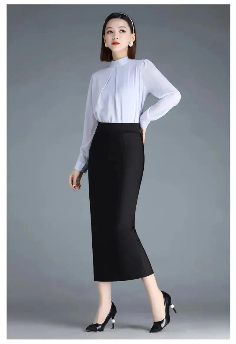 Stretch Pencil Skirts for Women, Office Lady, Formal Black Midi Skirts, Elegant Female Package Hip Skirts, Spring and Autumn