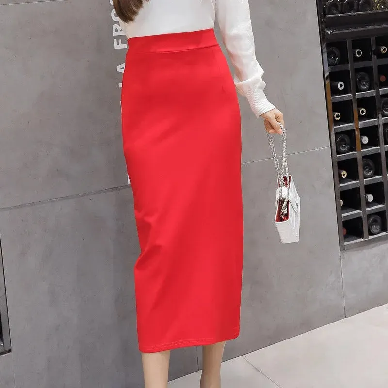 Stretch Pencil Skirts for Women, Office Lady, Formal Black Midi Skirts, Elegant Female Package Hip Skirts, Spring and Autumn