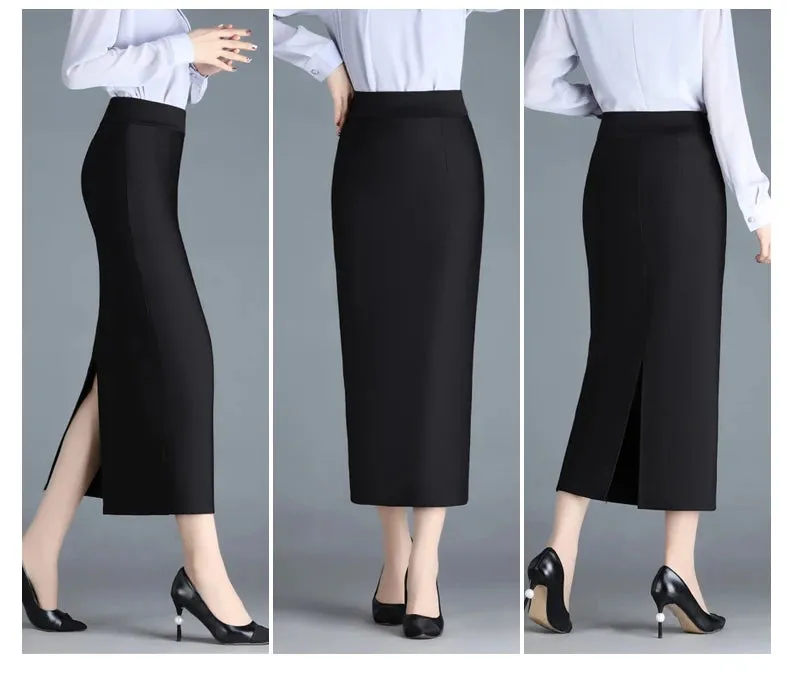 Stretch Pencil Skirts for Women, Office Lady, Formal Black Midi Skirts, Elegant Female Package Hip Skirts, Spring and Autumn