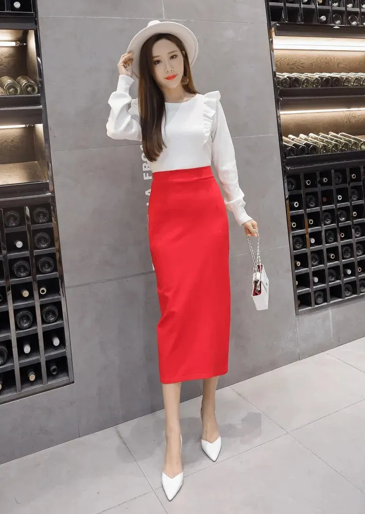 Stretch Pencil Skirts for Women, Office Lady, Formal Black Midi Skirts, Elegant Female Package Hip Skirts, Spring and Autumn