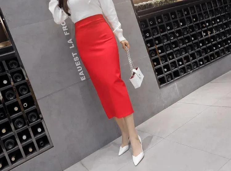 Stretch Pencil Skirts for Women, Office Lady, Formal Black Midi Skirts, Elegant Female Package Hip Skirts, Spring and Autumn