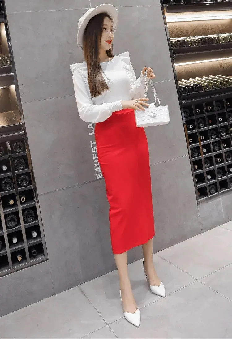 Stretch Pencil Skirts for Women, Office Lady, Formal Black Midi Skirts, Elegant Female Package Hip Skirts, Spring and Autumn