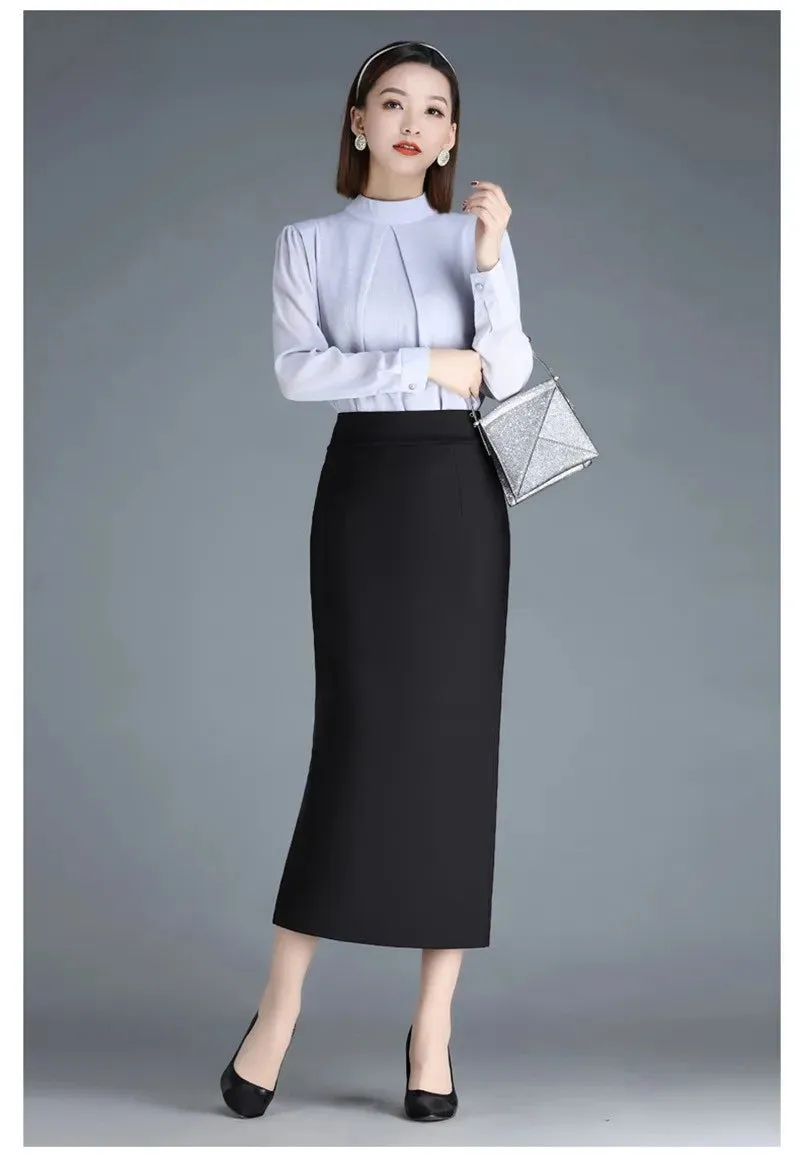 Stretch Pencil Skirts for Women, Office Lady, Formal Black Midi Skirts, Elegant Female Package Hip Skirts, Spring and Autumn