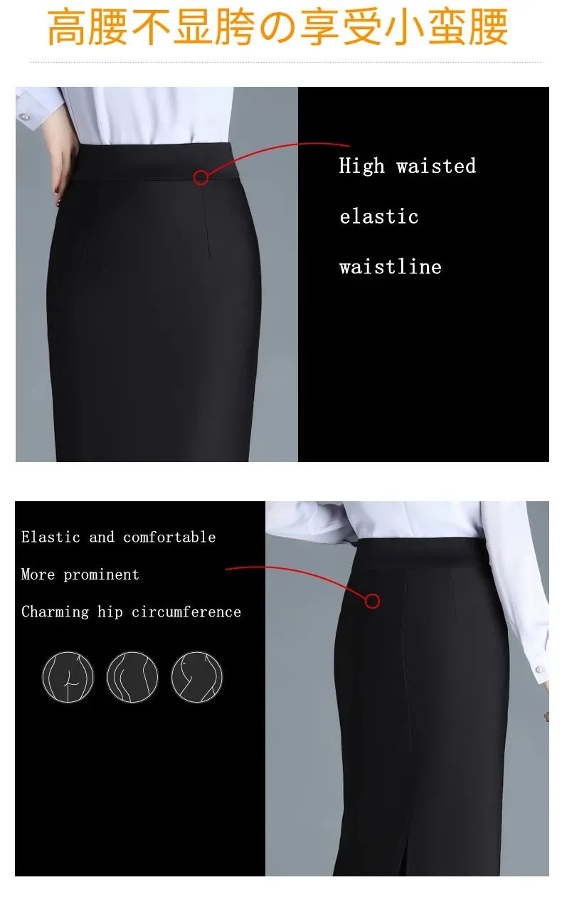 Stretch Pencil Skirts for Women, Office Lady, Formal Black Midi Skirts, Elegant Female Package Hip Skirts, Spring and Autumn