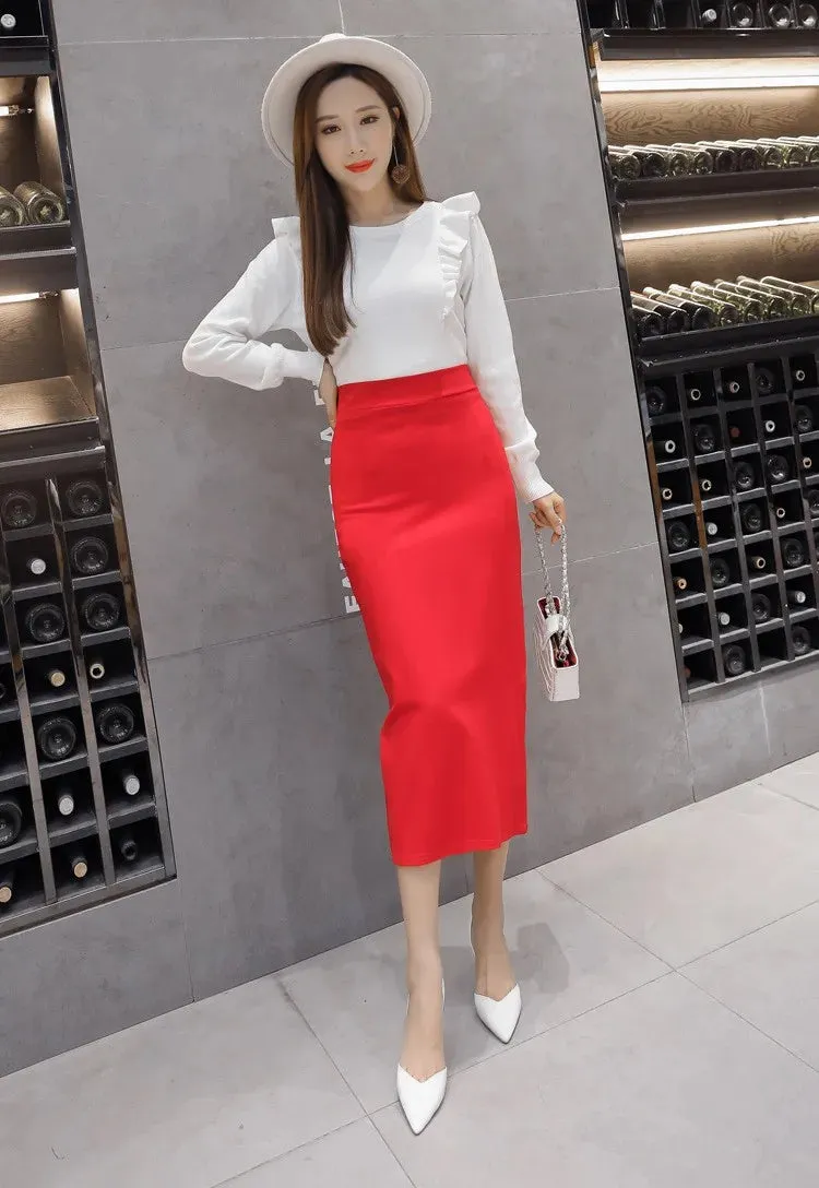 Stretch Pencil Skirts for Women, Office Lady, Formal Black Midi Skirts, Elegant Female Package Hip Skirts, Spring and Autumn