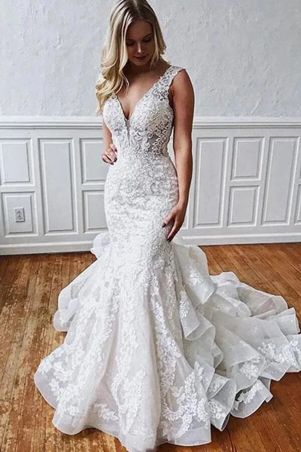 Stunning Mermaid Tulle Lace Wedding Dresses With Ruffles, Bridal Gown, MW783