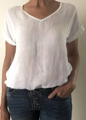 TALIA BENSON  Italian Linen T-Shirt With Band One Size - White