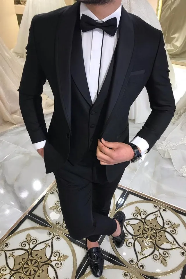 Three-piece Black Men Suits for Groom Shawl Lapel Wedding Tuxedos with Waistcoat
