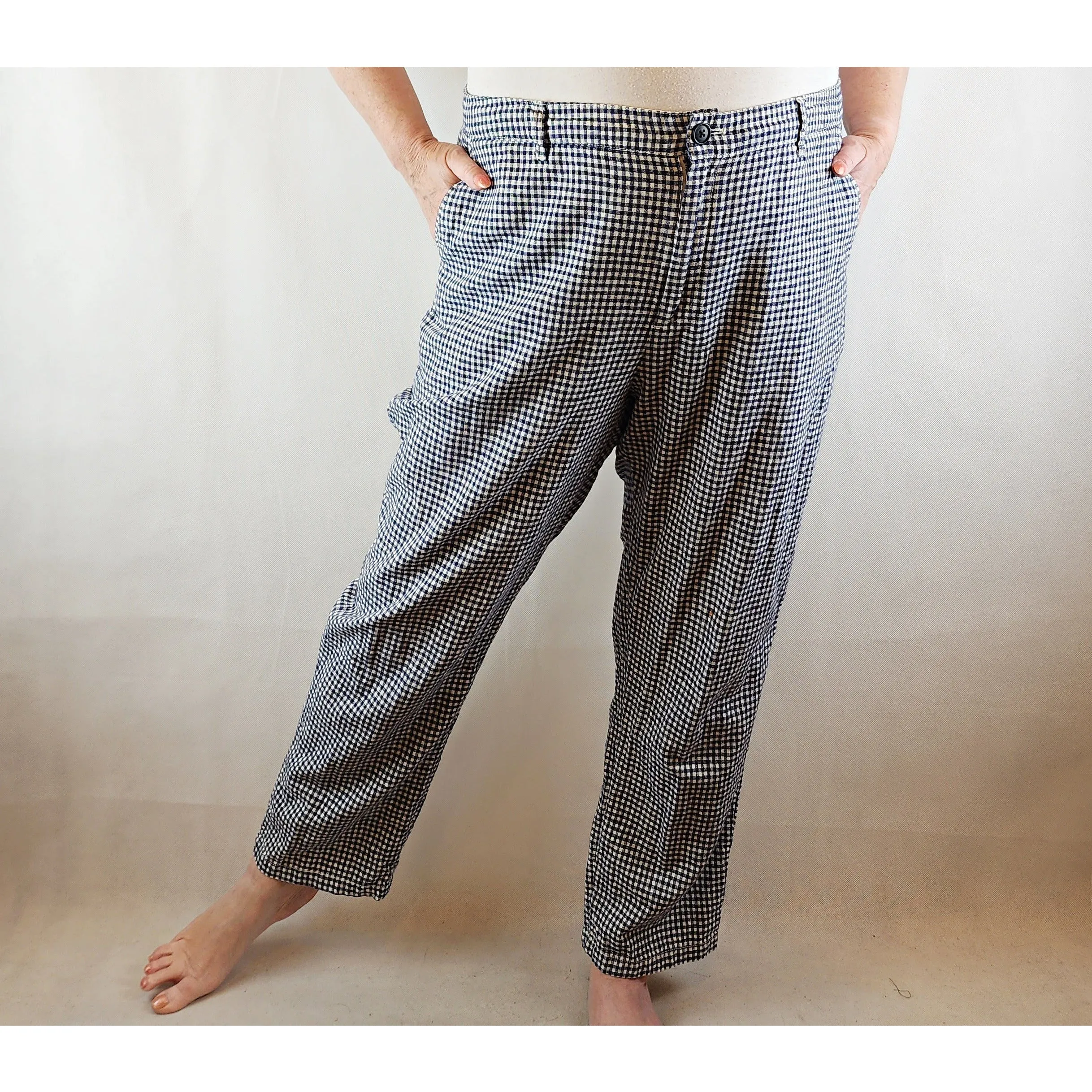Uniqlo navy and white gingham linen/cotton print pant size XXL (best fits size 16)
