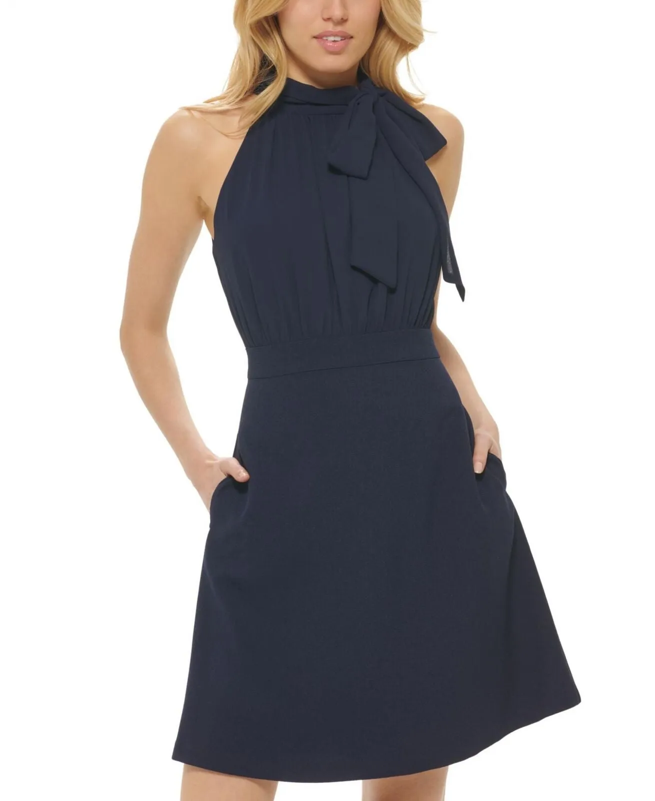 Vince Camuto Women's Tie-Neck A-Line Dress VC23799 Navy Blue 14