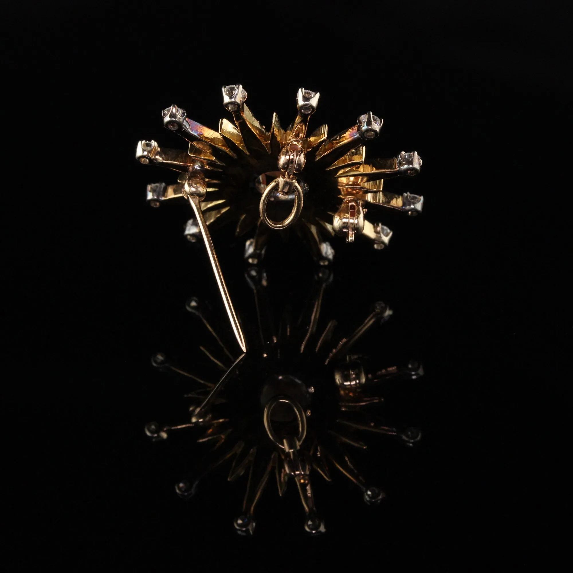Vintage 18K Yellow Gold Black Opal and Diamond Star Burst Pin Pendant