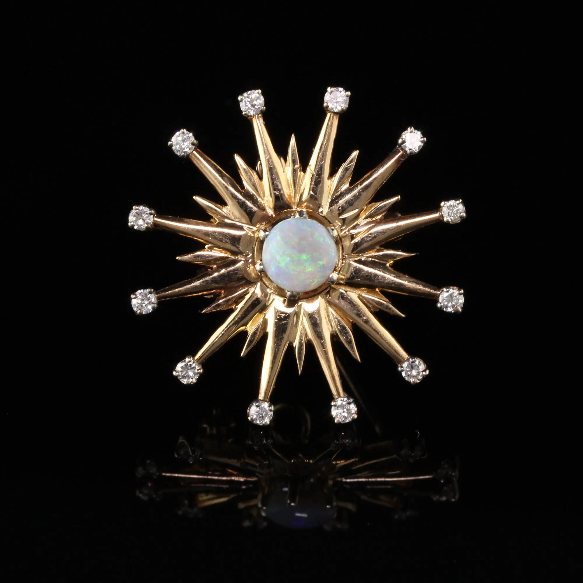 Vintage 18K Yellow Gold Black Opal and Diamond Star Burst Pin Pendant