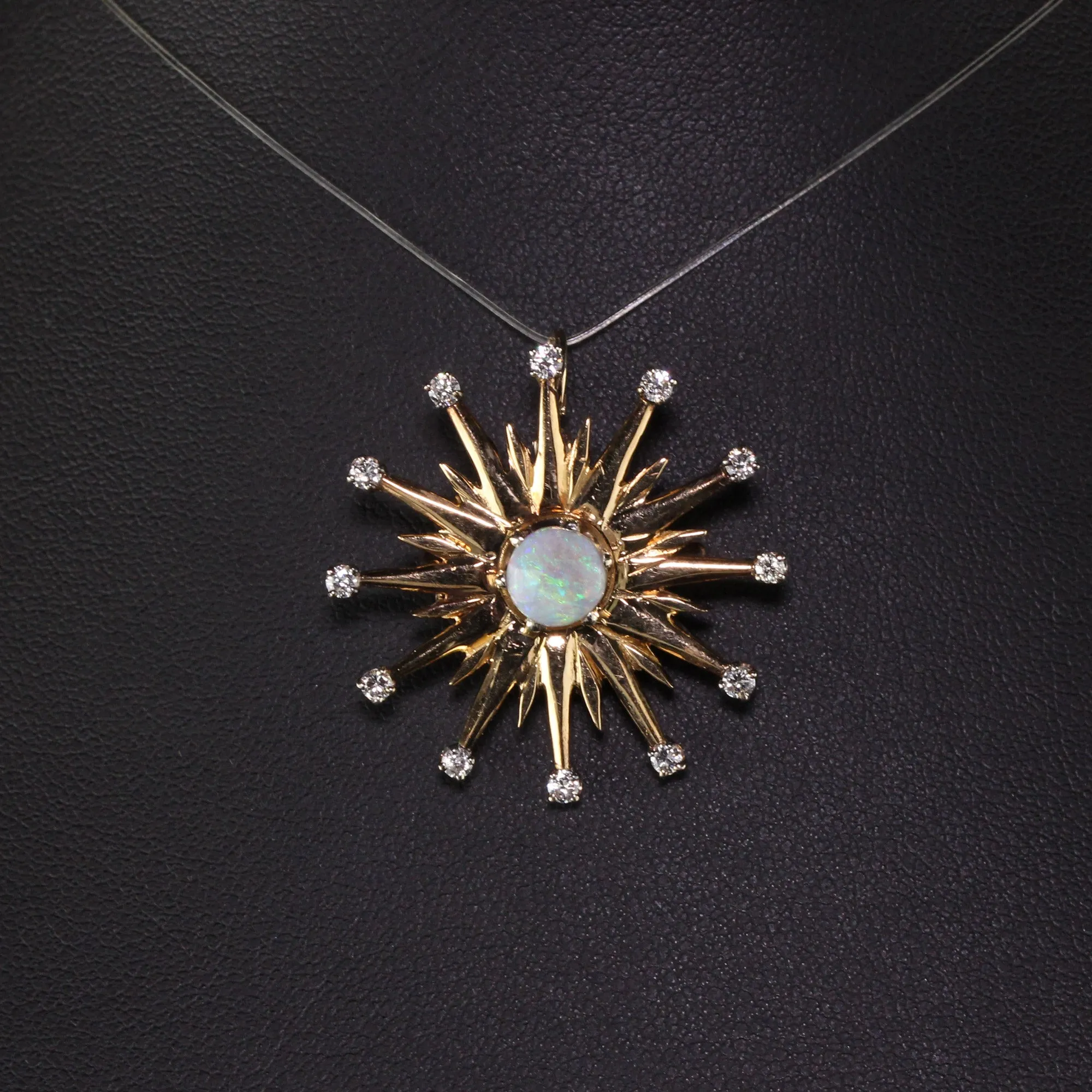 Vintage 18K Yellow Gold Black Opal and Diamond Star Burst Pin Pendant