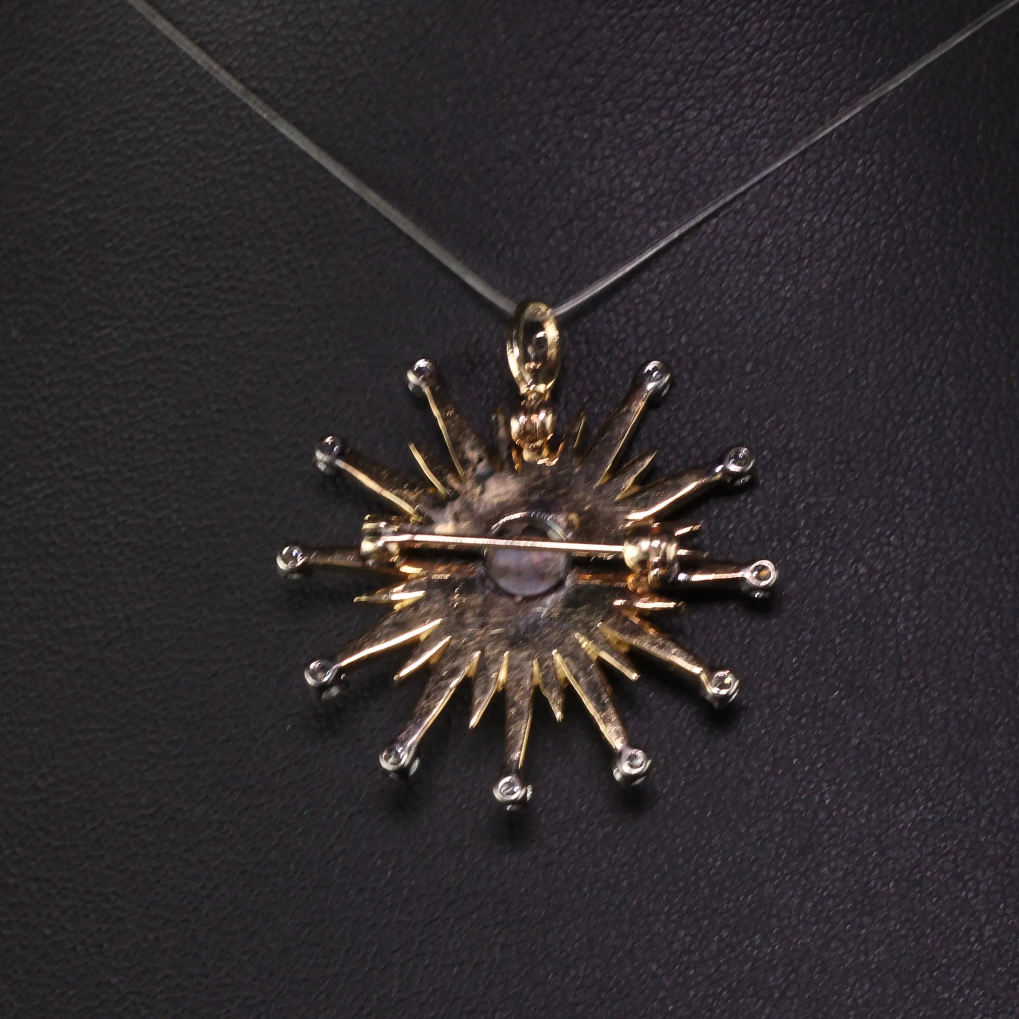 Vintage 18K Yellow Gold Black Opal and Diamond Star Burst Pin Pendant
