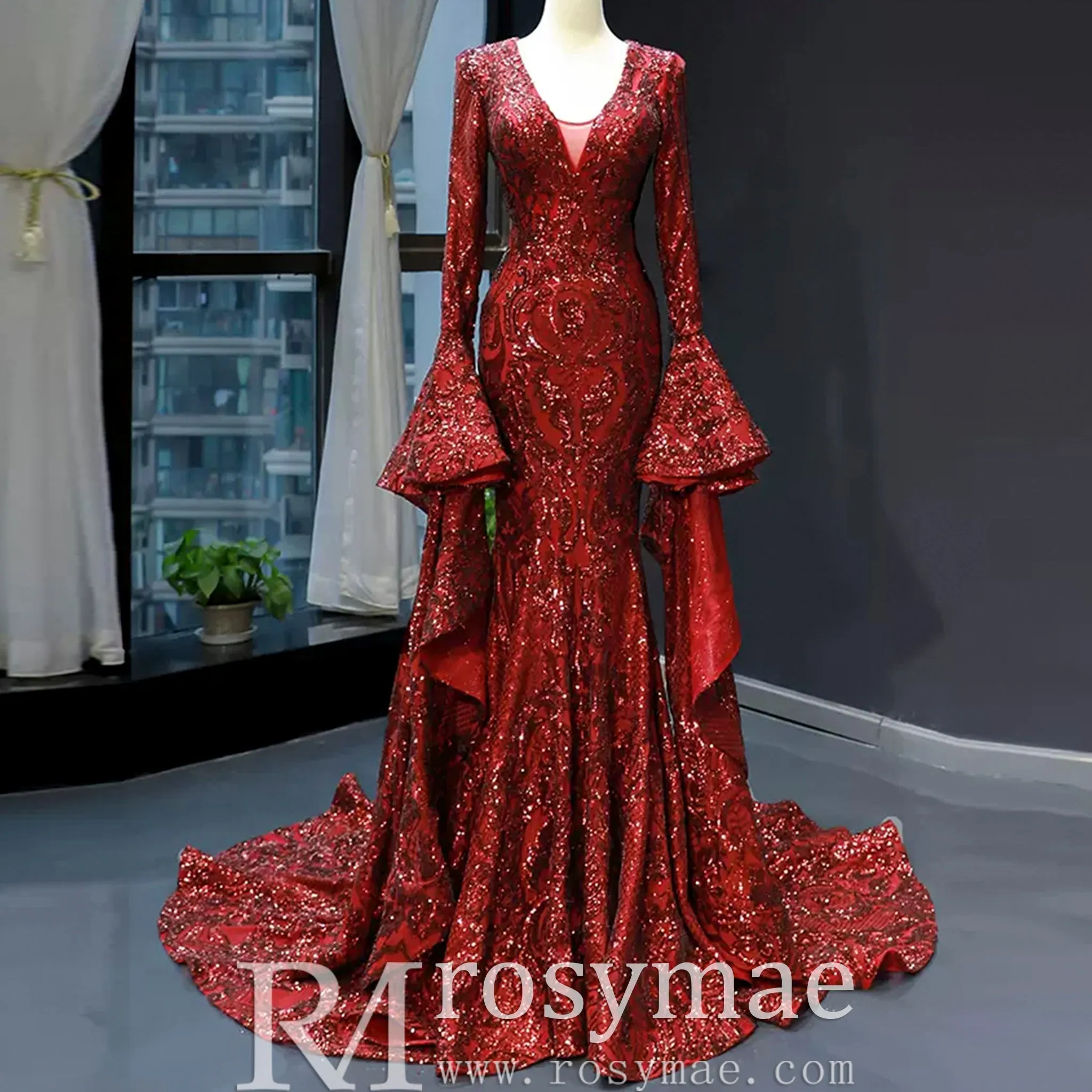 Vintage Burgundy Mermaid Pageant Dresses with Long Sleeves