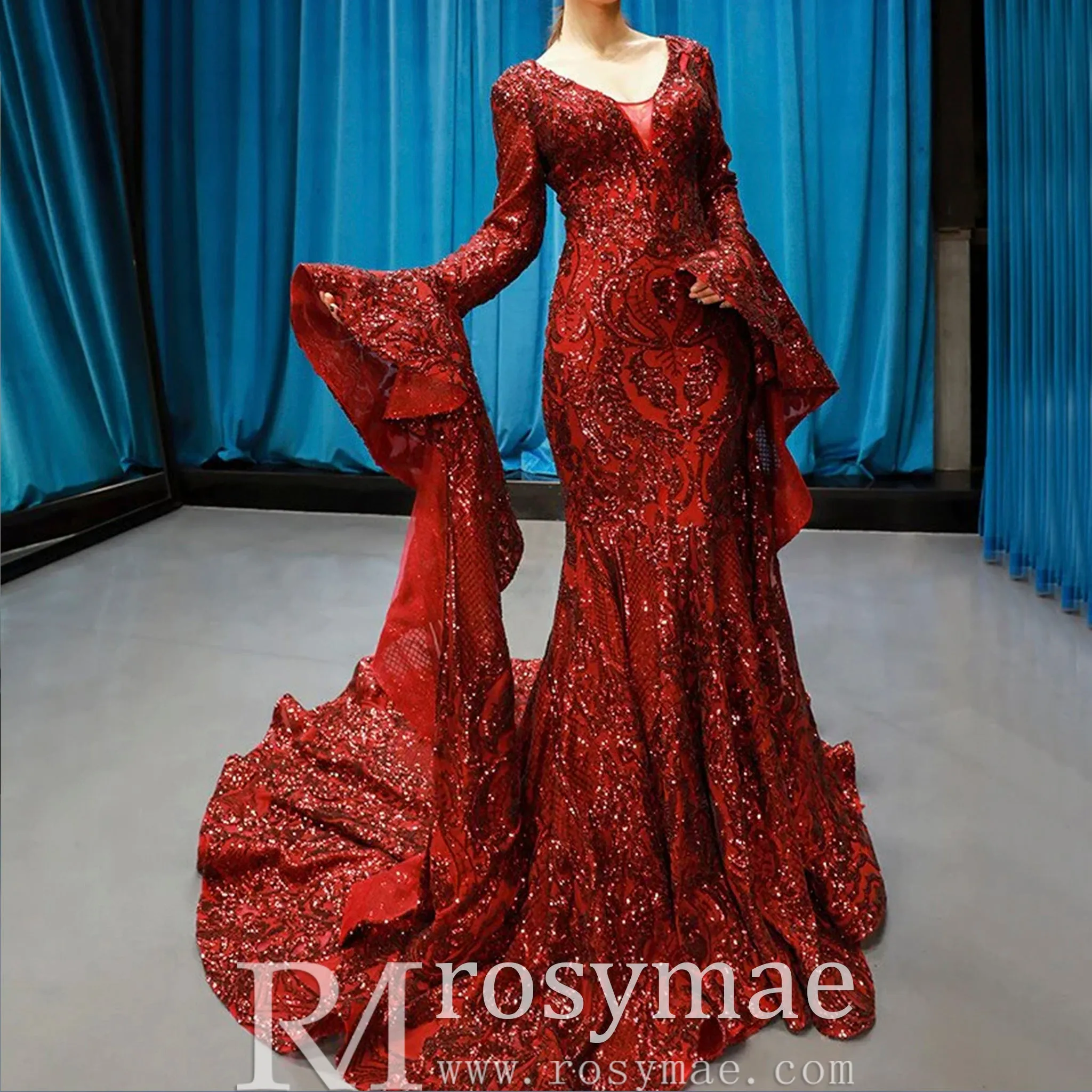 Vintage Burgundy Mermaid Pageant Dresses with Long Sleeves