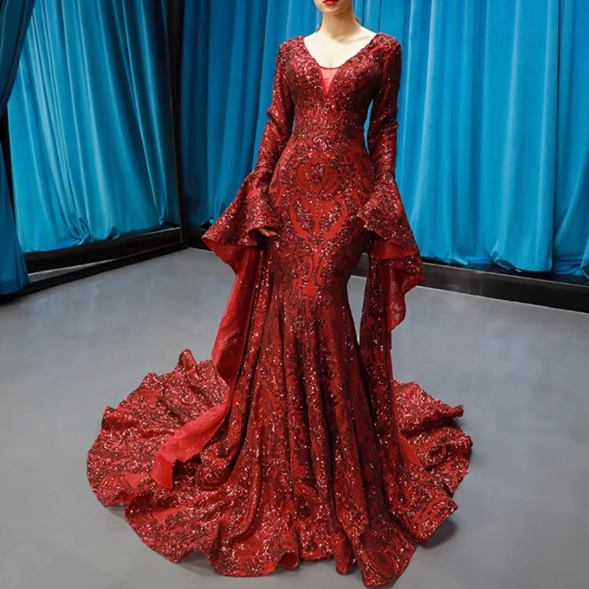 Vintage Burgundy Mermaid Pageant Dresses with Long Sleeves