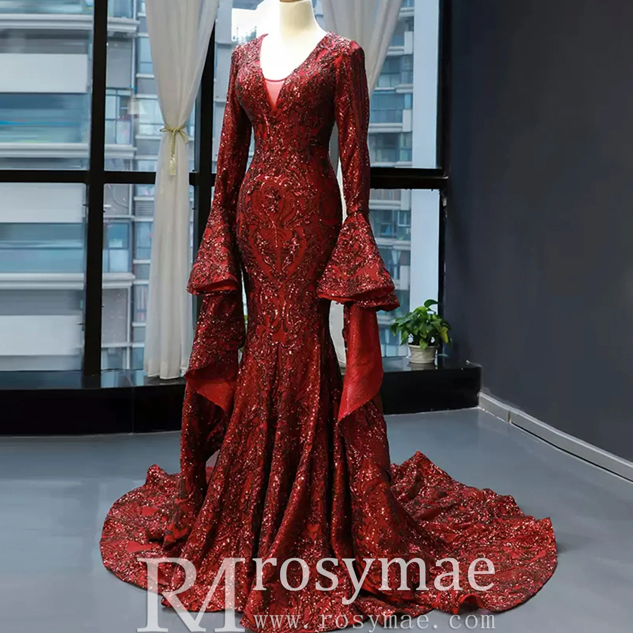 Vintage Burgundy Mermaid Pageant Dresses with Long Sleeves