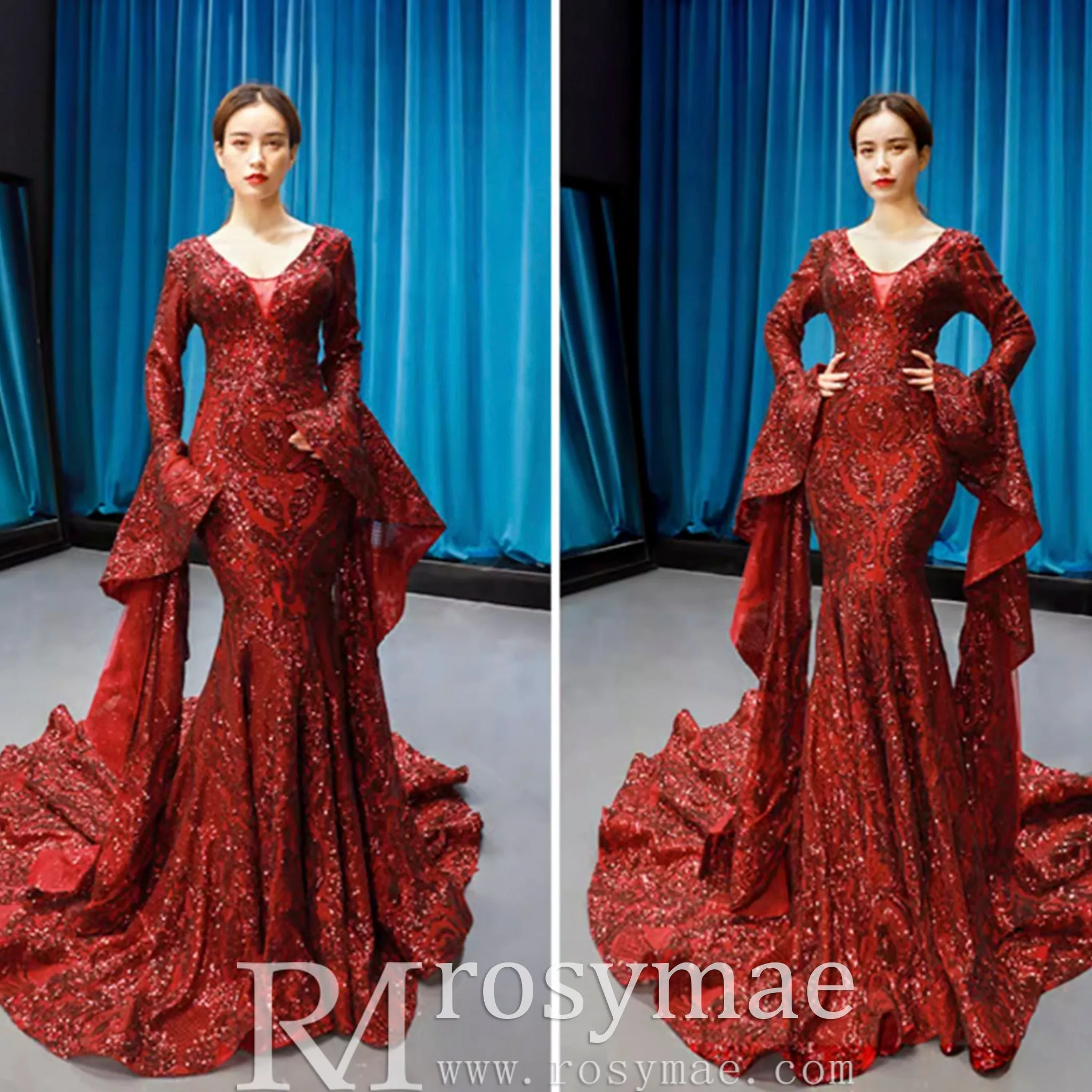 Vintage Burgundy Mermaid Pageant Dresses with Long Sleeves