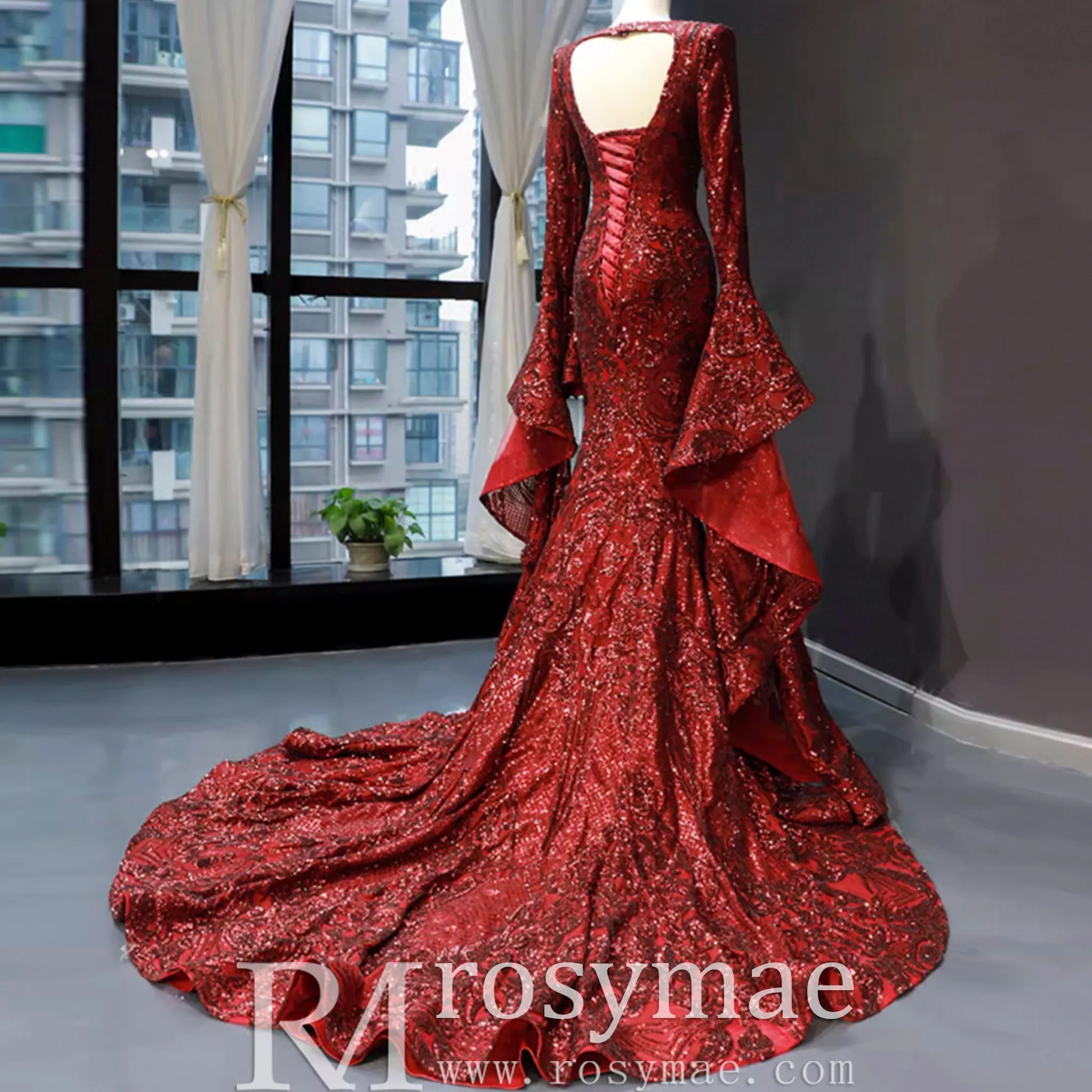 Vintage Burgundy Mermaid Pageant Dresses with Long Sleeves