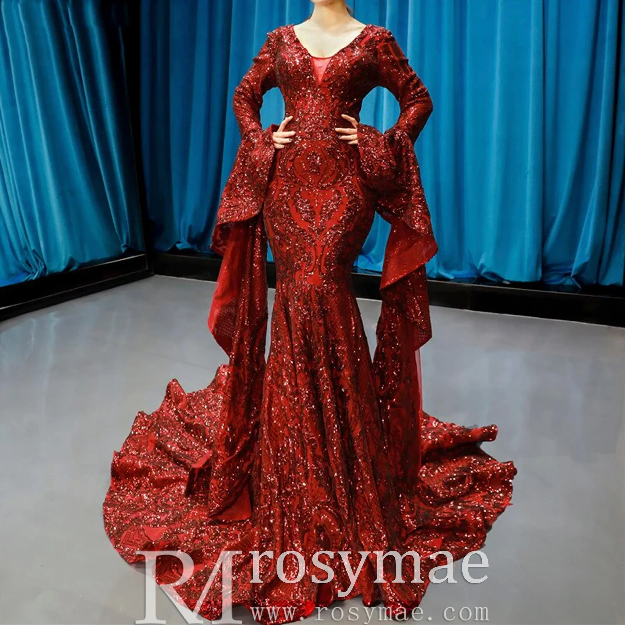 Vintage Burgundy Mermaid Pageant Dresses with Long Sleeves