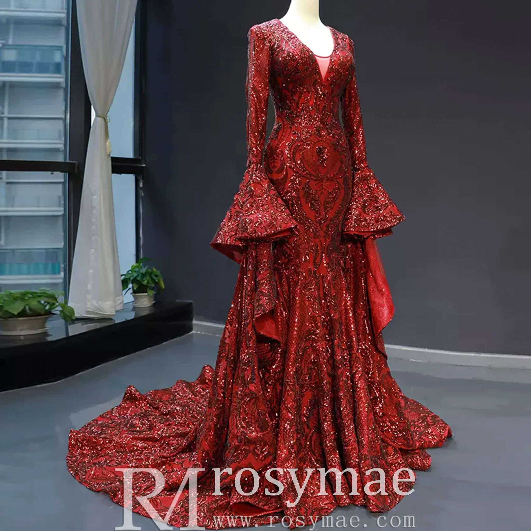 Vintage Burgundy Mermaid Pageant Dresses with Long Sleeves