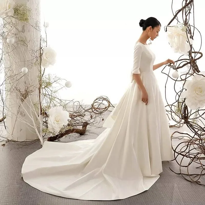 Vintage Inspired Matted Satin Wedding Dress With Big Bow Elegant Awe Inspiring