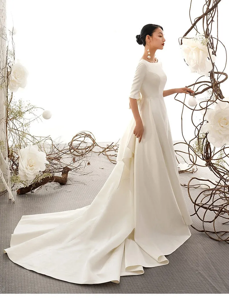 Vintage Inspired Matted Satin Wedding Dress With Big Bow Elegant Awe Inspiring