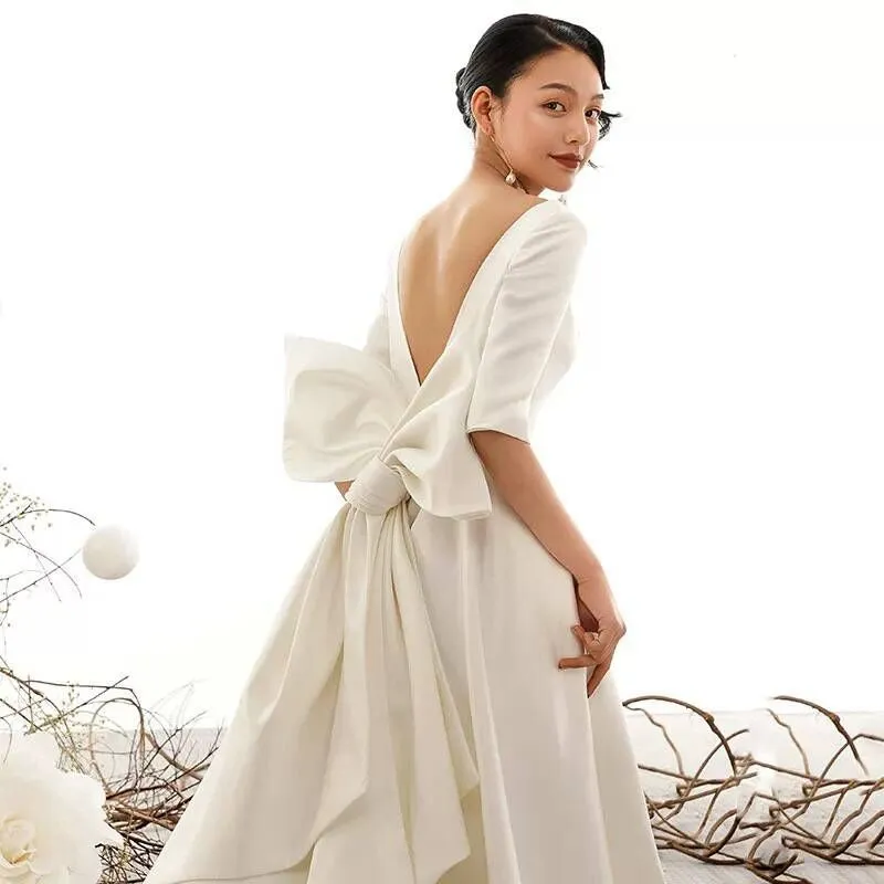 Vintage Inspired Matted Satin Wedding Dress With Big Bow Elegant Awe Inspiring