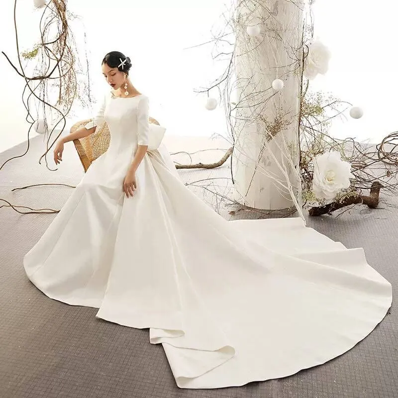 Vintage Inspired Matted Satin Wedding Dress With Big Bow Elegant Awe Inspiring