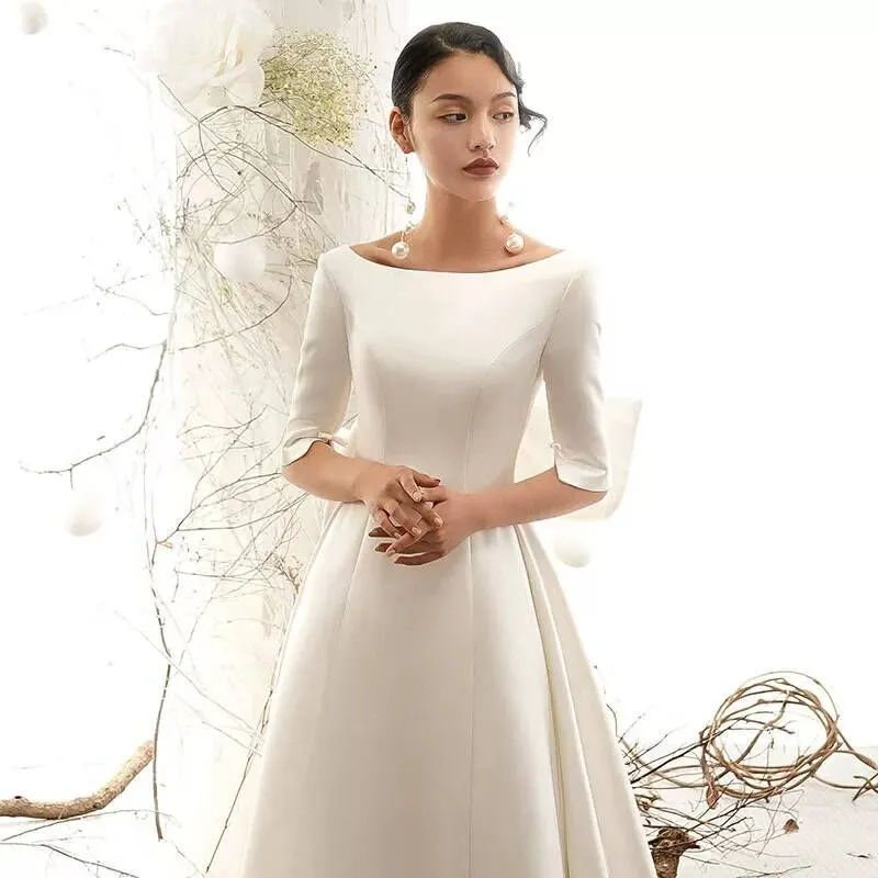 Vintage Inspired Matted Satin Wedding Dress With Big Bow Elegant Awe Inspiring