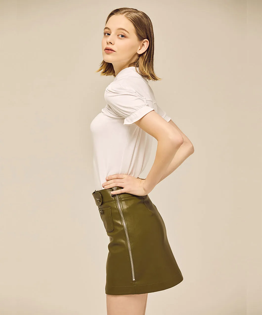 [Warehouse Sale] MYCL A-line Leather Skirt Khaki