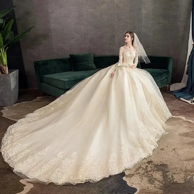 Wedding Dresses Muslim Champagne Full Sleeve Lace Bridal New Luxury Ball Gown Wedding Dress Vestido De Noiva