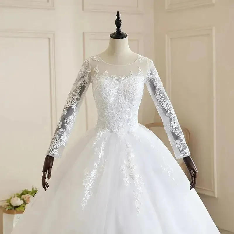 Wedding Dresses Muslim Champagne Full Sleeve Lace Bridal New Luxury Ball Gown Wedding Dress Vestido De Noiva