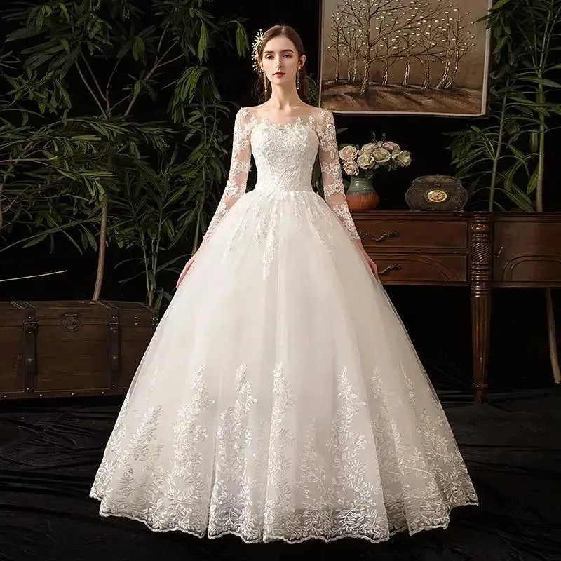 Wedding Dresses Muslim Champagne Full Sleeve Lace Bridal New Luxury Ball Gown Wedding Dress Vestido De Noiva