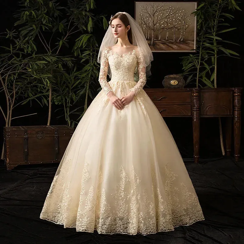 Wedding Dresses Muslim Champagne Full Sleeve Lace Bridal New Luxury Ball Gown Wedding Dress Vestido De Noiva
