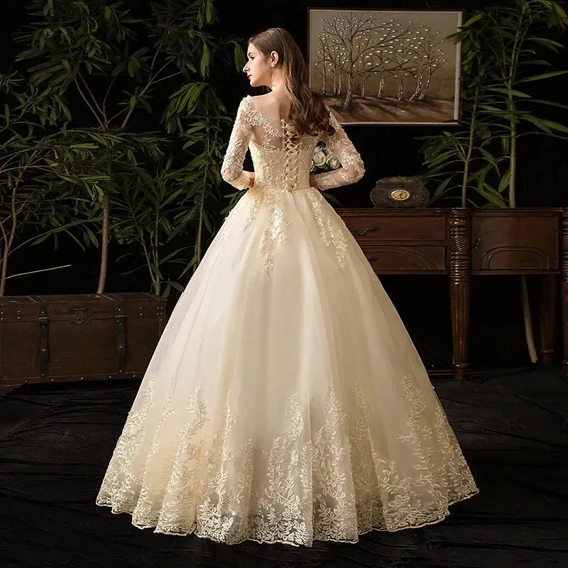 Wedding Dresses Muslim Champagne Full Sleeve Lace Bridal New Luxury Ball Gown Wedding Dress Vestido De Noiva