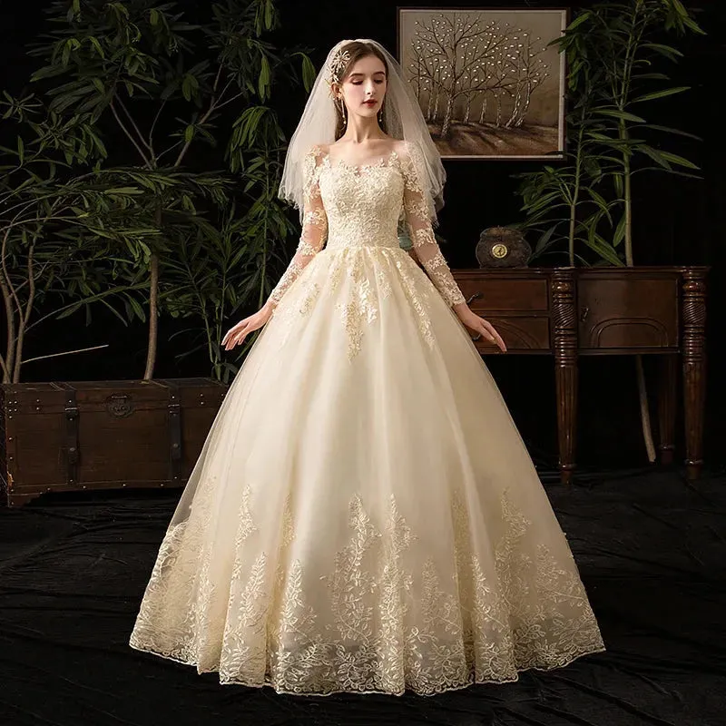 Wedding Dresses Muslim Champagne Full Sleeve Lace Bridal New Luxury Ball Gown Wedding Dress Vestido De Noiva