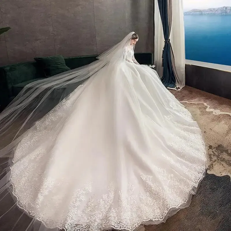 Wedding Dresses Muslim Champagne Full Sleeve Lace Bridal New Luxury Ball Gown Wedding Dress Vestido De Noiva